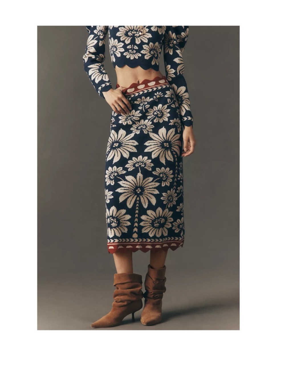 FARM Rio Luna Floral Knit Pencil Skirt Navy Cream Red Scalloped Trim Medium NWT - Picture 8 of 13